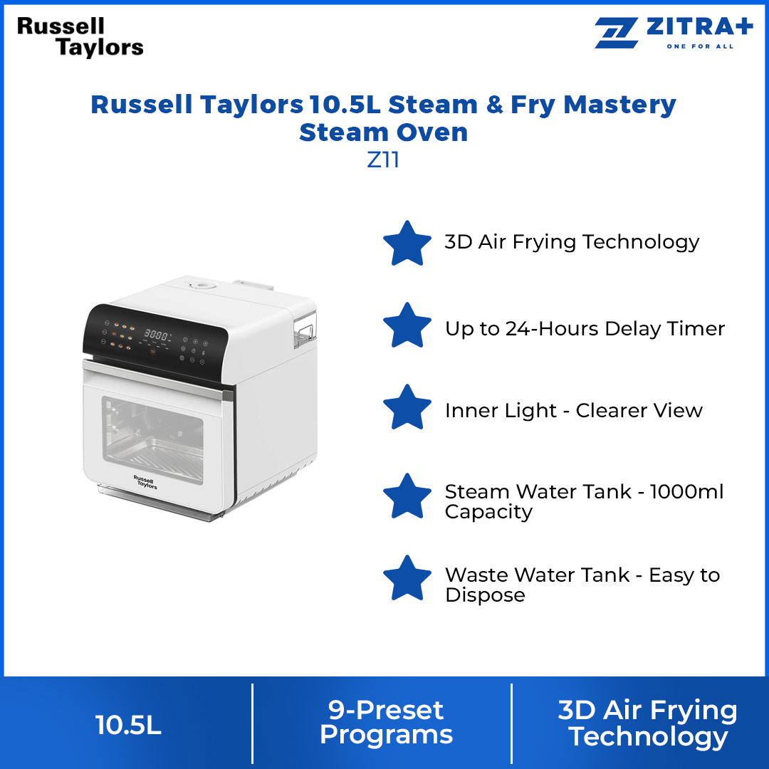 Russell Taylors 10.5L Steam & Fry Mastery Steam Oven Z11 | 3-in-1 Air Fryer/ Oven + Steamer + Steam Frying | Self-Cleaning Steam Technology