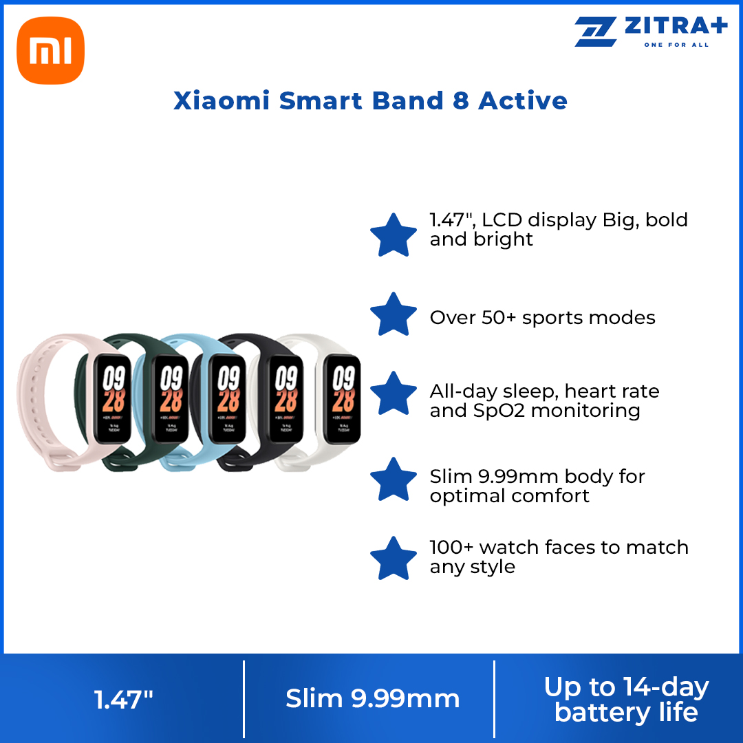 Xiaomi Smart Band 8 Active | 50+ sports modes | All-day sleep, heart rate and SpO2 monitoring | 100+ Watch Faces To Match Any Style | 1  Year General Warranty