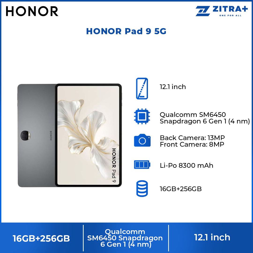 HONOR Pad 9 5G 16GB+256GB | Li-Po 8300 mAh, 35W wired | 12.1 inch, IPS LCD | Snapdragon 6 Gen 1 (4 nm) | Android 13, Magic OS 7.2 | Tablet with 1 Year Warranty