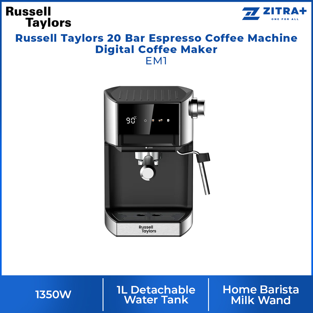 Russell Taylors 1350W 20 Bar Espresso Coffee Machine Digital Coffee Maker EM1 | Home Barista Milk Wand | 1L Detachable Water Tank