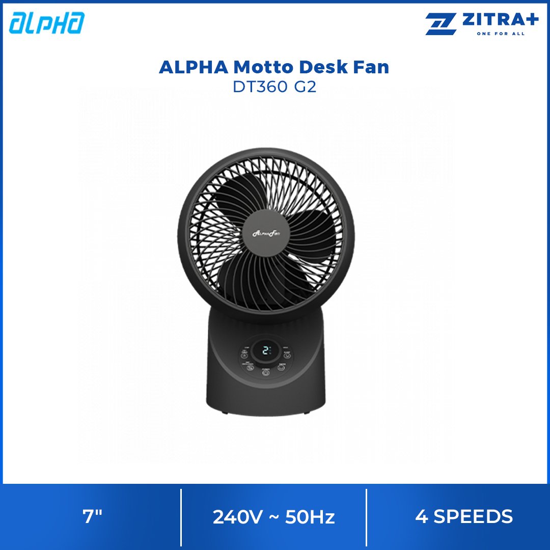 ALPHA 7" Desk Fan  MOTTO DESK FAN 360 G2 | 4 Fan Speed | Remote Control | Timer Off | Touch Panel | LED Display | Auto Swing | 360 Oscillation | Desk Fan with 1 Year Warranty