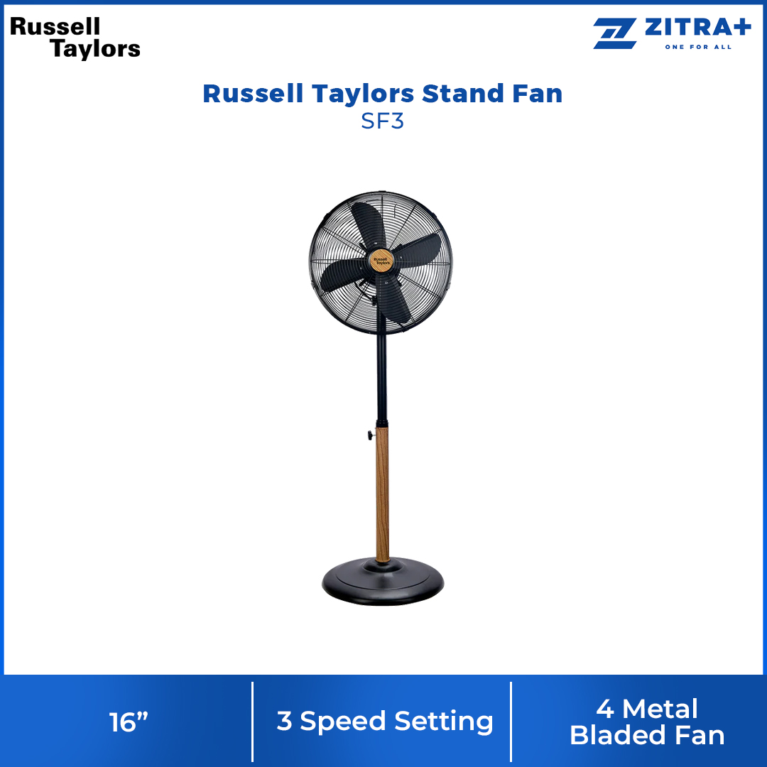 Russell Taylors 16" 4-Blade Stand Fan/Table Fan with Metal Blade SF3 TF3 | 3-Speed Selection | Wide-Angle Breeze Tilt & Oscillation