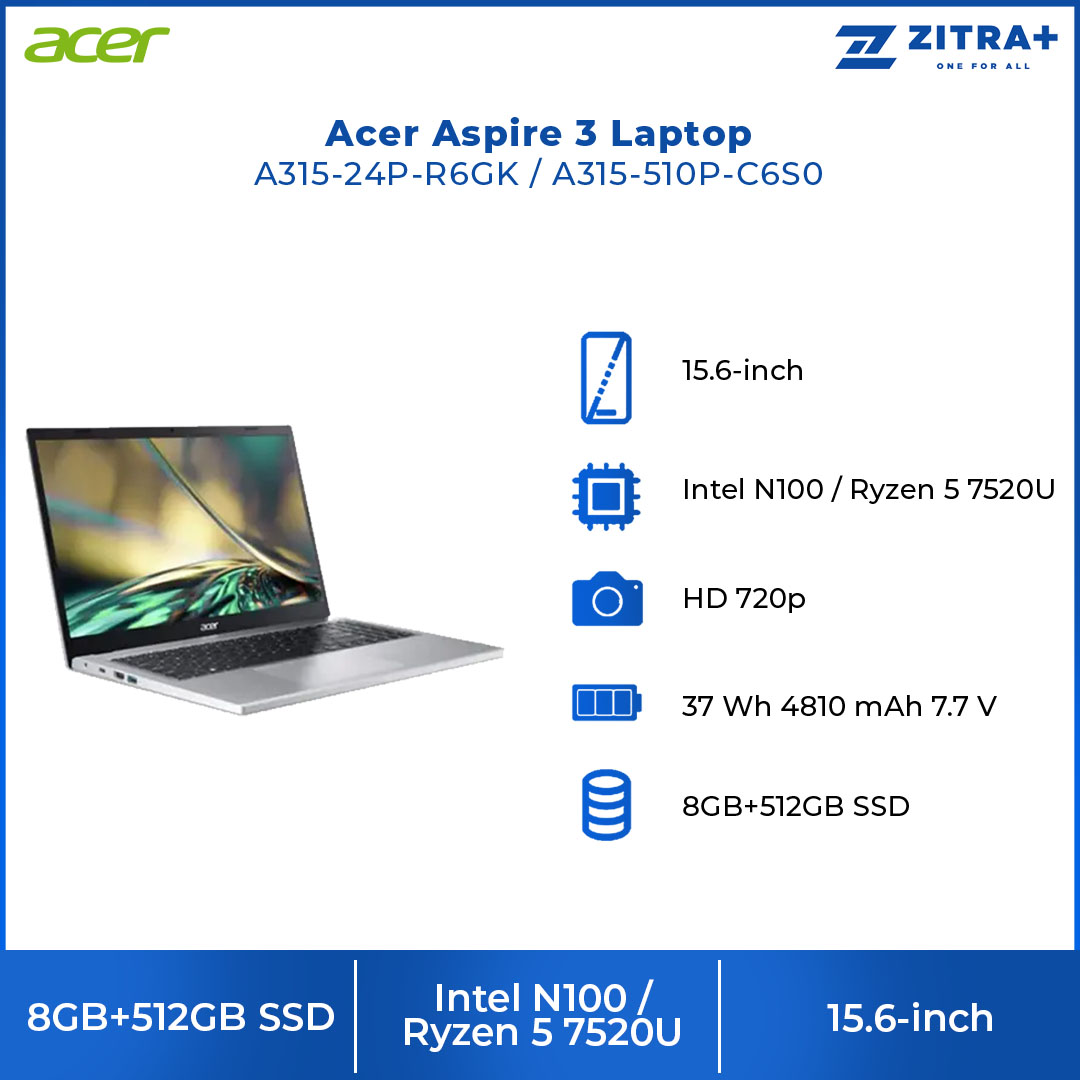 Acer Aspire 3  Laptop A315-24P-R6GK/A315-510P-C6S0 (Ryzen 5 7520U/ 8GB+512GB SSD/ 15.6-inch FHD/ W11) | Radeon Graphics | Laptop with 2 Years Warranty