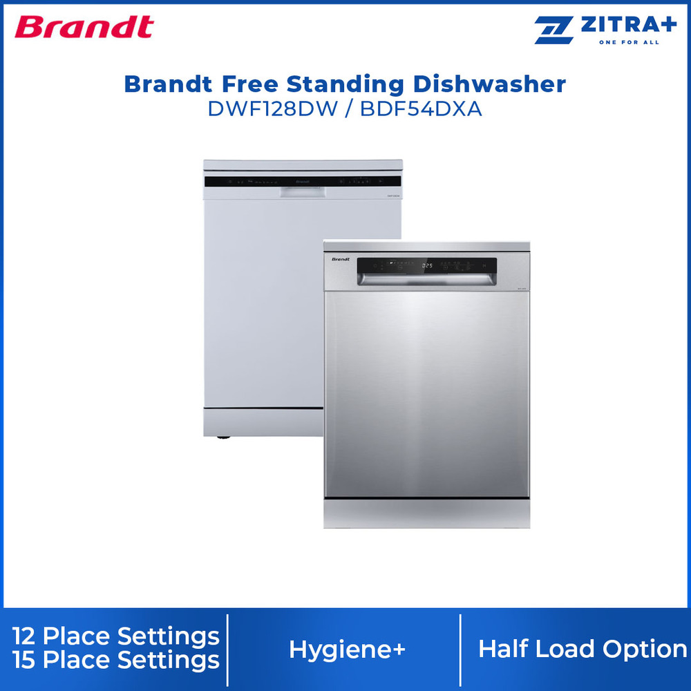 Brandt 12/15 Place Setting Free Standing Dishwasher DWF128DW/BDF54DXA | Hygiene+ | Extra Drying | Up to 24 hours | Dishwasher with 1 Year Warranty