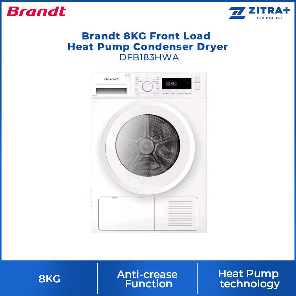 Brandt 8KG Front Load Heat Pump Condenser Dryer DFB183HWA | Anti-crease Function | 17 Drying Programs |  LCD display | Dryer with 1 Year Warranty