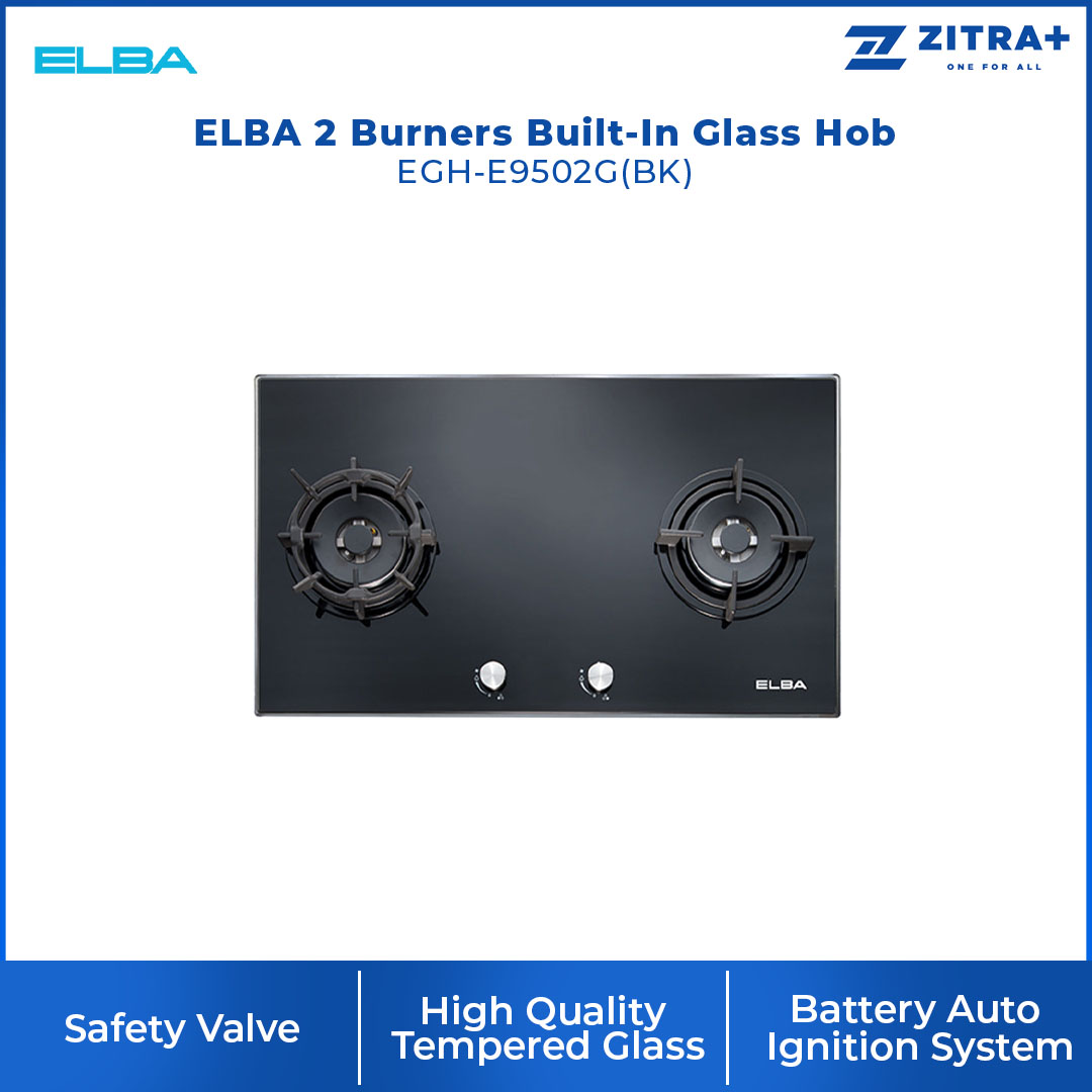 ELBA 2 Burners Built-In Glass Hob EGH-E9502G(BK) | Elegant Design | Safety Valve | Embraced Aluminium Frame Protection | Hob with 1 Year Warranty