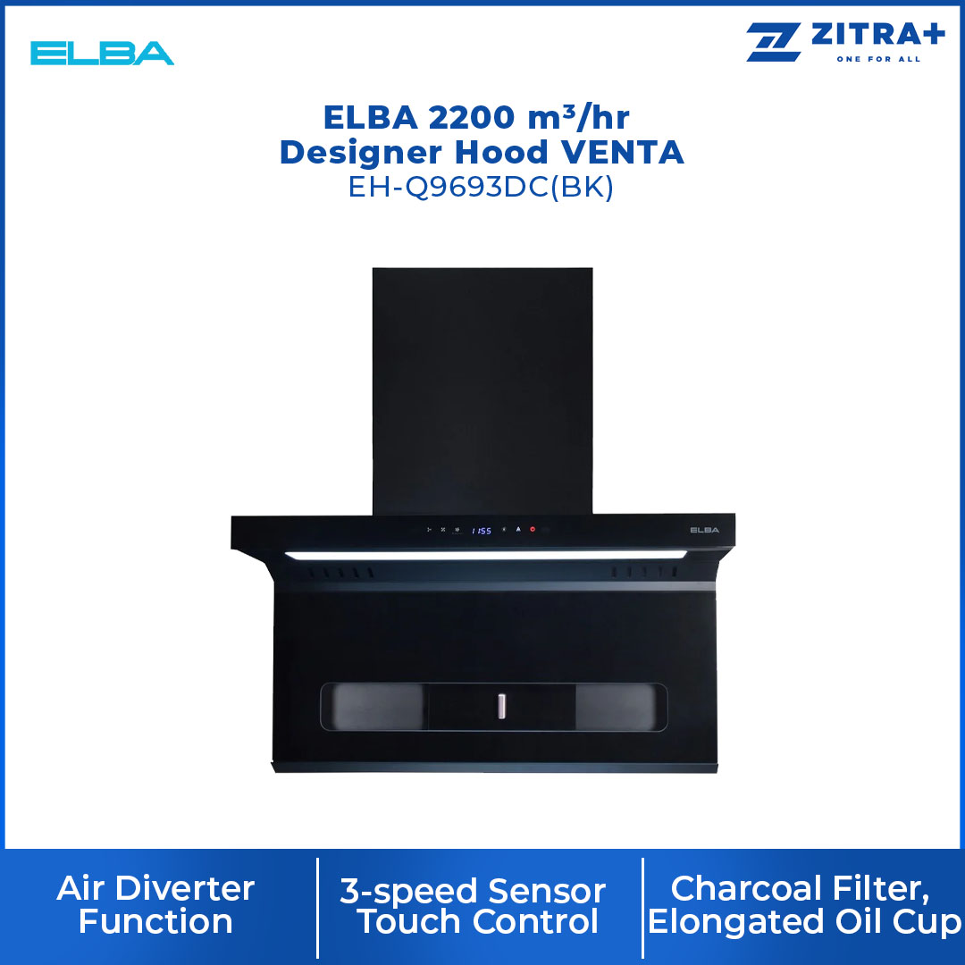 ELBA 2200 m³/hr Designer Hood VENTA EH-Q9693DC(BK) | Premium Stainless Steel Chassis | Air Diverter Function | 3-speed Sensor |  Hood with 1 Year Warranty