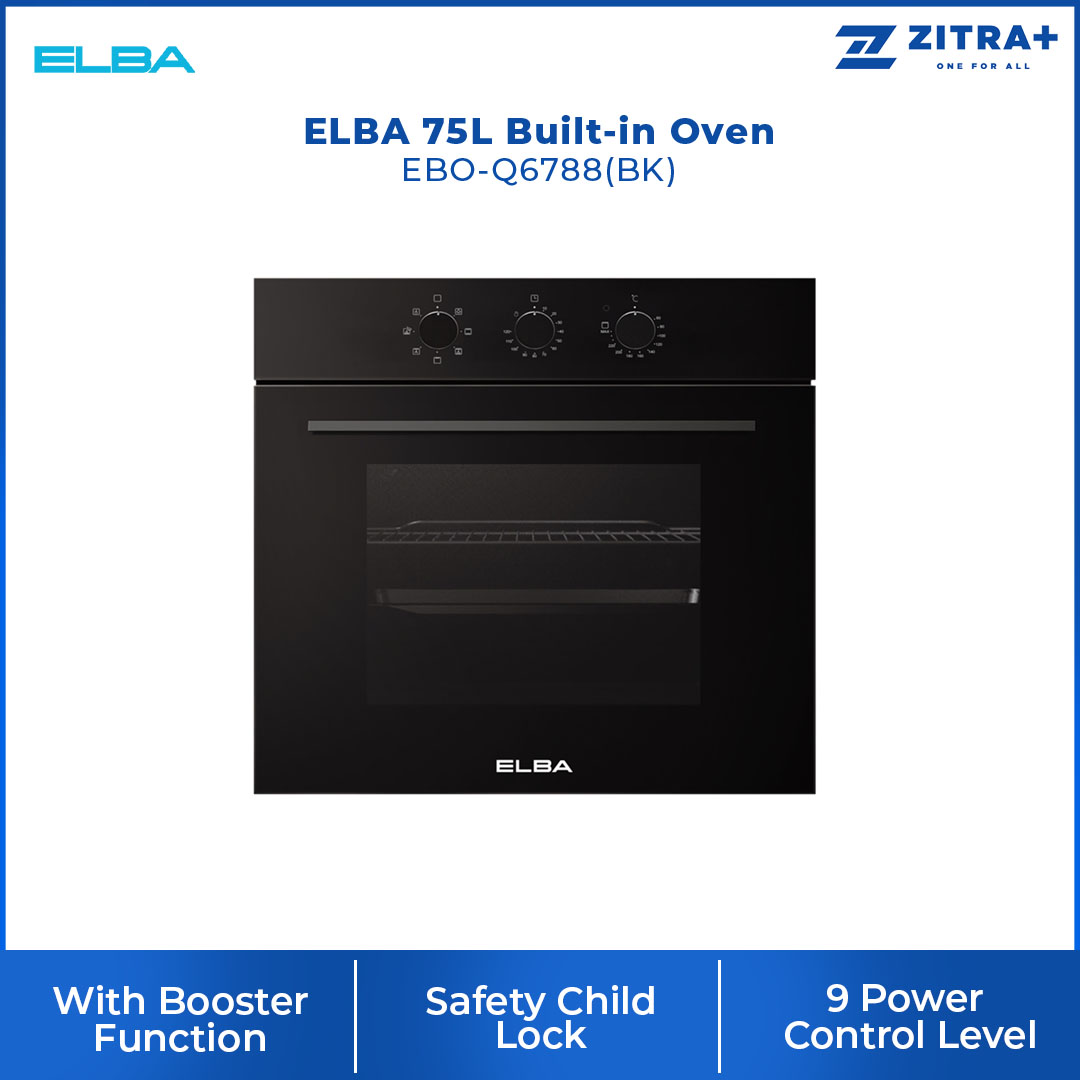 ELBA 75L Built-in Oven EBO-Q6788(BK) | 8 Functions | Temperature Range: 50-250ºC | 4D Heat Circulation Technology | Mechanical Control with Timer | Oven with 1 Year Warranty