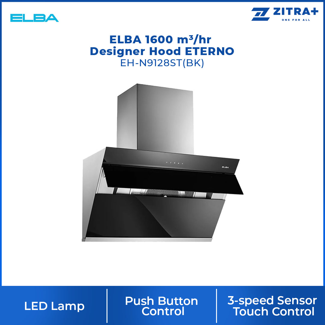 ELBA 1600 m³/hr Designer Hood ETERNO EH-N9128ST(BK) |  3-speed Sensor Touch Control | 40⁰ HYDRAULIC POWERMATIC HINGE OPENING | Premium Stainless Steel Chasis | Hood with 1 Year Warranty