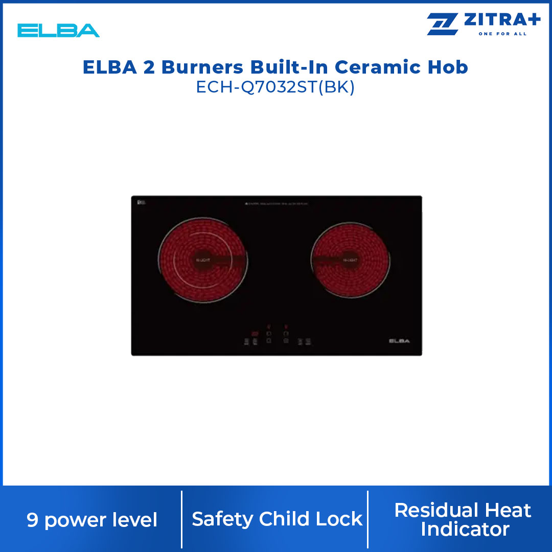 ELBA 2 Burners Built-In Ceramic Hob ECH-Q7032ST(BK) | Dual Cooking Zones | Vulkera Glass | Safety Child Lock | Hob with 1 Year Warranty