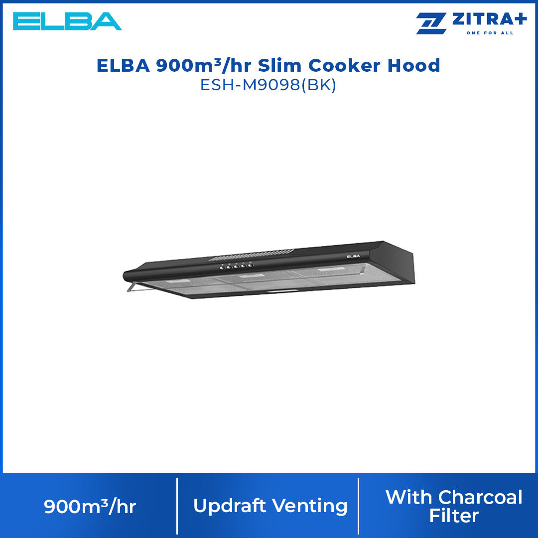 ELBA 900m³/hr Slim Cooker Hood ESH-M9098(BK) | Updraft Venting | With Charcoal Filter | Twin Motor