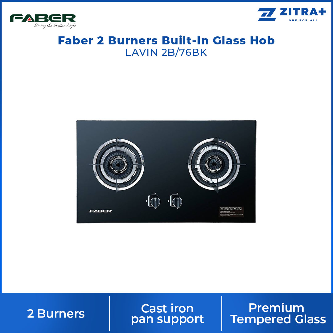 Faber 2 Burners Built-In Glass Hob LAVIN 2B/76BK | Premium Tempered Glass | Cast iron pan support | Hob with 1 Year Warranty