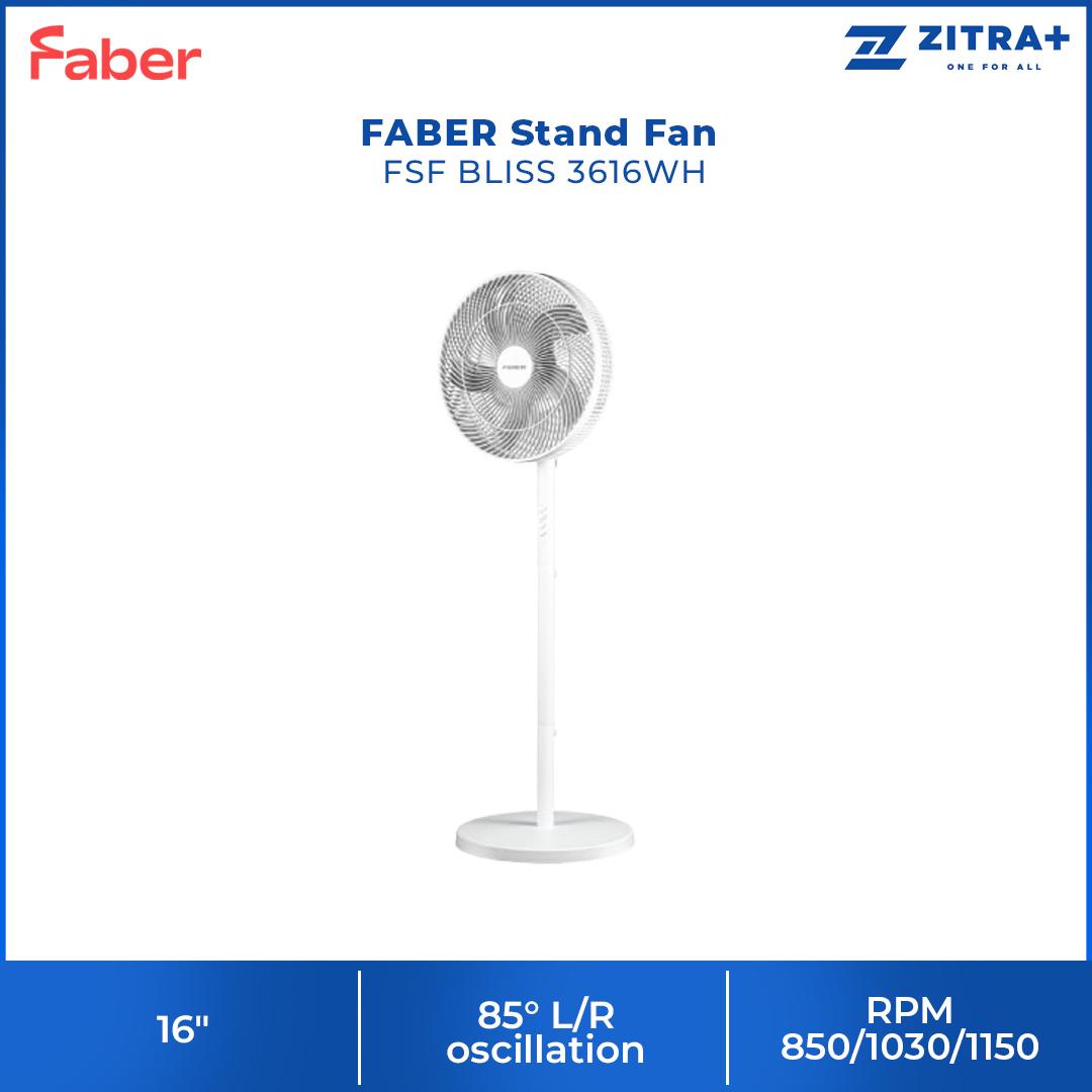 FABER 16" Stand Fan White FSF BLISS 3616WH | Plastic ABS Body | 5 PP Blades | Thick ABS Table Base
