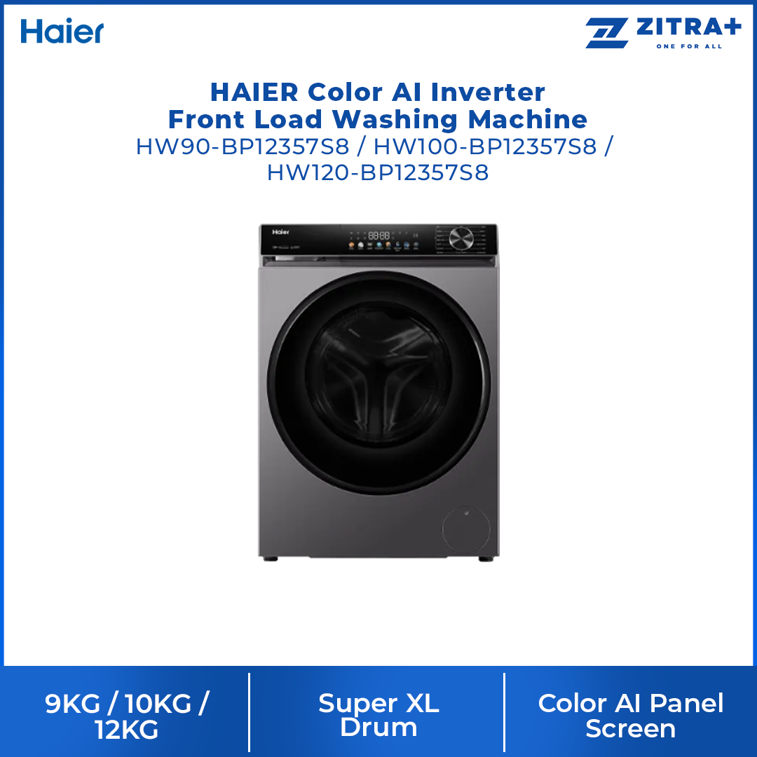 HAIER 9KG/10KG/12KG Color AI Inverter Front Load Washing Machine BP12357S8 | 5 Star Energy Saving Rating | Color AI Panel Screen | Smart Wash (Essence Wash)
