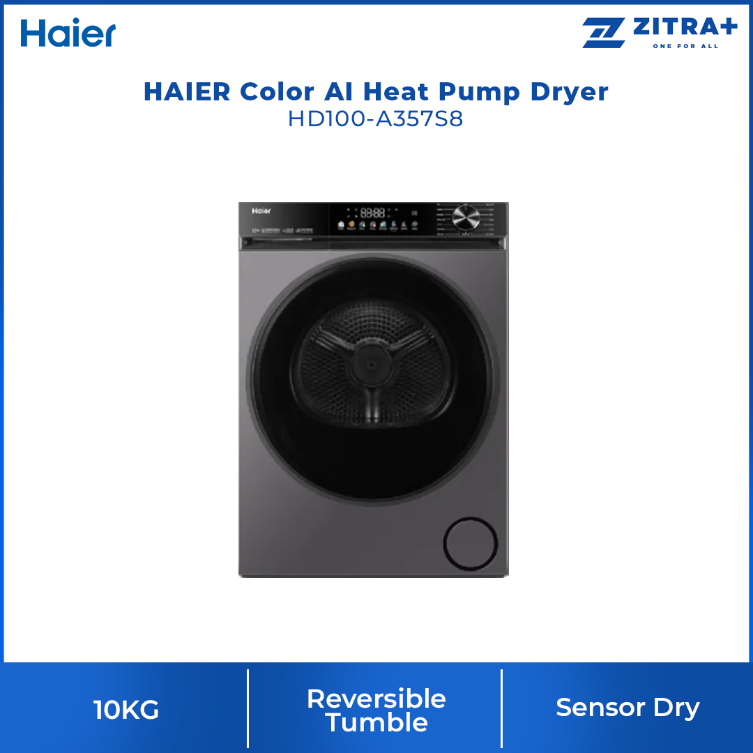 HAIER 10KG Color AI Heat Pump Dryer HD100-A357S8 | Reversible Tumble | Sensor Dry | Heat Pump Technology | I-Fresh