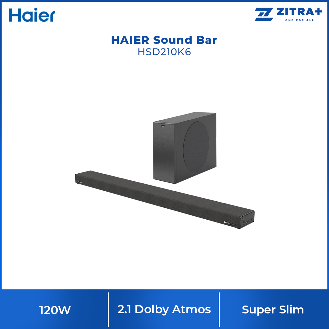 HAIER 120W Sound Bar HSD210K6 | 2.1 Dolby Atmos | HDMI/Bluetooth Connection | Super Slim | Multi Mode Control
