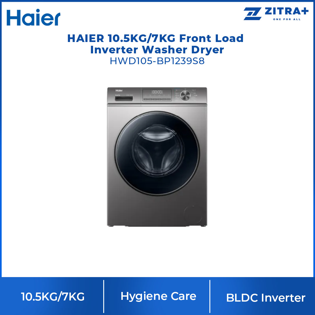HAIER 10.5KG/7KG Front Load Inverter Washer Dryer HWD105-BP1239S8 | Super Inverter |  Hygiene Care |  I-Refresh | Washer Dryer with 2 Year Warranty