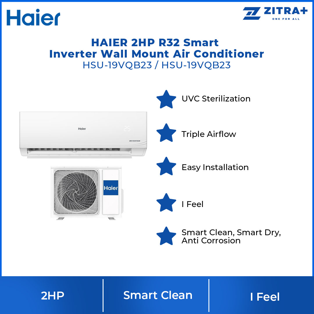 HAIER 2HP R32 Smart Inverter Wall Mount Air Conditioner (Indoor) HSU-19VQB23 / HSU-19VQB23 | Smart-Clean | Eco Mode | Energy Saving | Air Conditioner with 3 Year Warranty