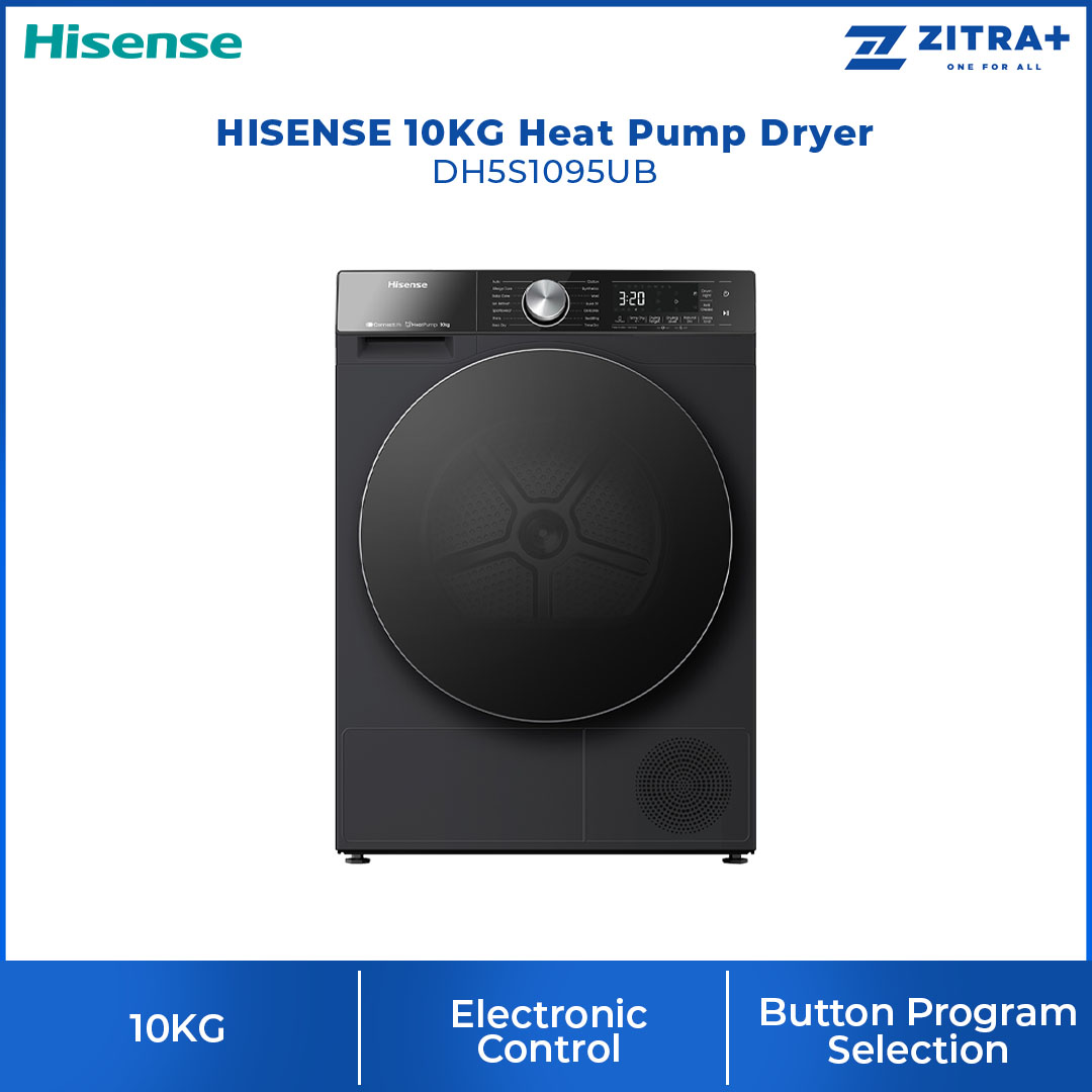 HISENSE 10KG Heat Pump Dryer DH5S1095UB | Buzzer  Electronic Control | Button Program Selection | Heat Pump Drying | Transparent Door | Dryer with 2 Years Warranty
