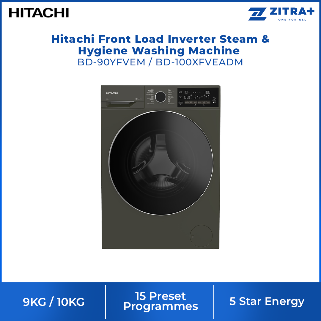 Hitachi 9/ 10KG Front Load Inverter Steam & Hygiene Washing Machine BD-90YFVEM / BD-100XFVEADM | Steam & Hygience Programme | Efficient Inverter Motor | 15 Preset Programmes