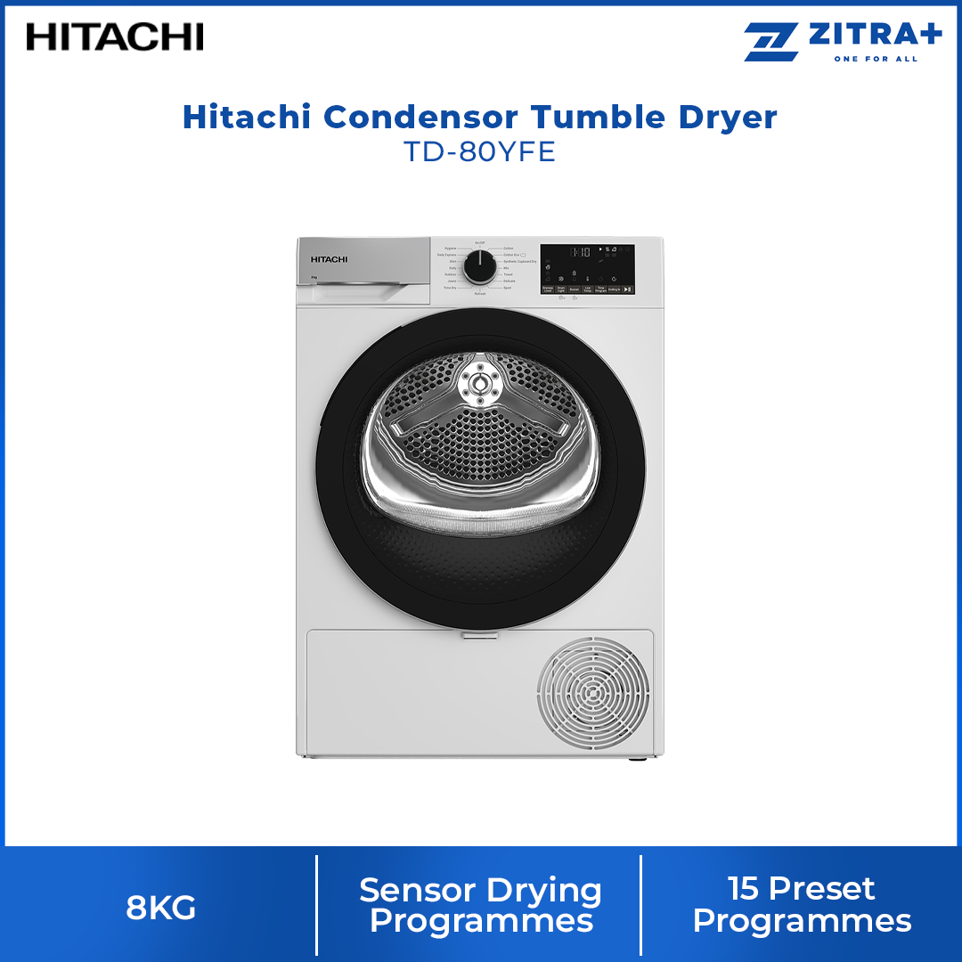 Hitachi 8KG Condensor Tumble Dryer TD-80YFE | Sensor Drying Programmes | Efficient Inverter Motor | 15 Preset Programmes