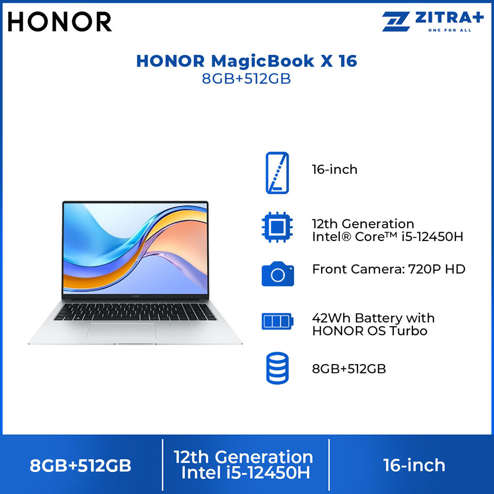 HONOR MagicBook X 16 16-inch 12th Generation Intel® Core™ i5-12450H Intel UHD Graphics | 65W Portable Fast Charger | Comfortable Reading | 7.5 Hours of Daily Office Work | Laptop with 1 Year Warranty