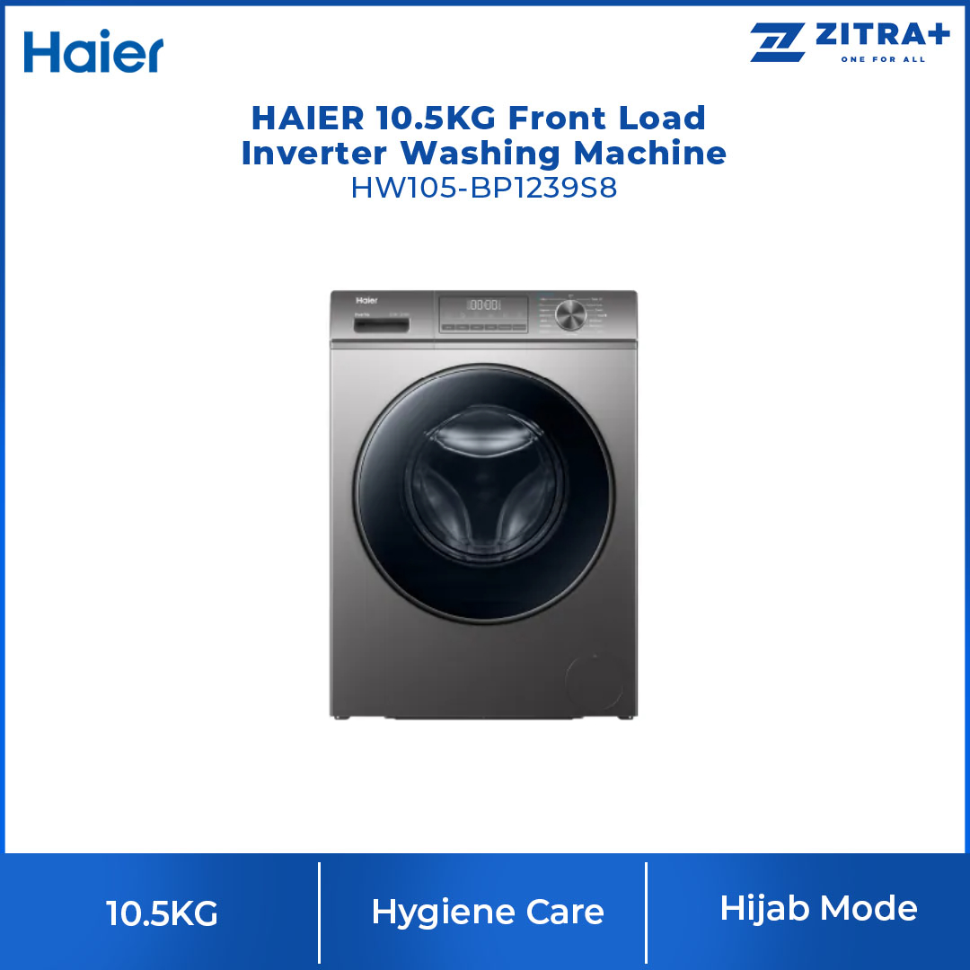 HAIER 10.5KG Front Load Inverter Washing Machine HW105-BP1239S8 | Super Inverter  | Hygiene Care | Refresh | Washing Machine with 2 Year Warranty• Hygiene Care • Flat Panel Design • BLDC Inverter • Hijab Mode