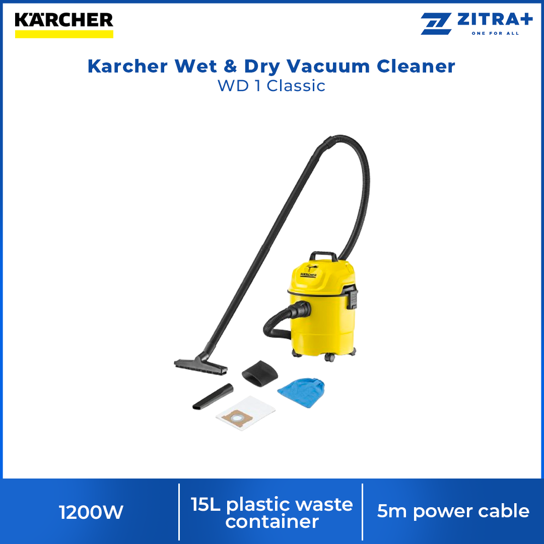 Karcher 1200W Wet & Dry Vacuum Cleaner Yellow | WD 1 Classic| Suitable for numerous uses | 15L plastic waste container | Practical blower function