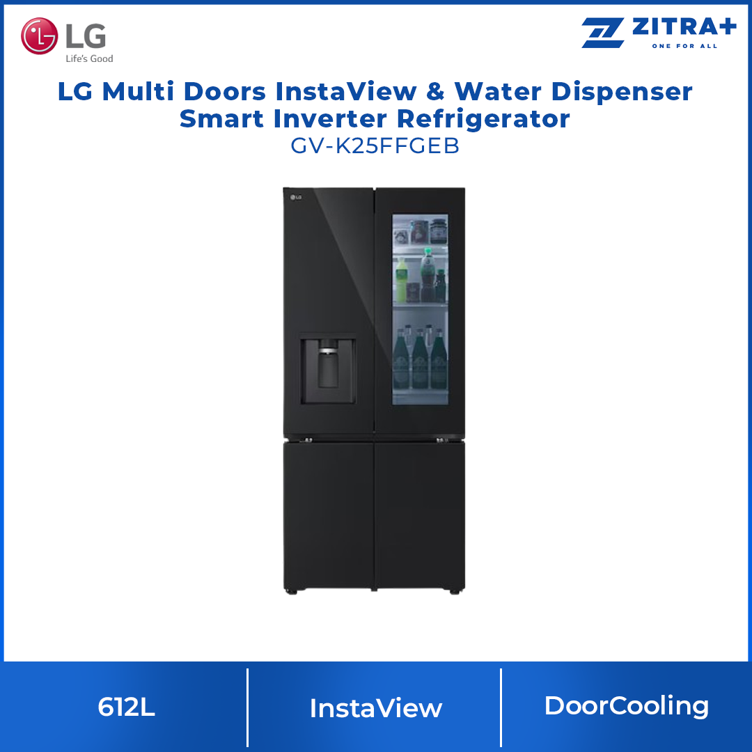 LG 612L Multi Doors InstaView & Water Dispenser Smart Inverter Refrigerator GV-K25FFGEB | Smart Inverter Compressor | DoorCooling