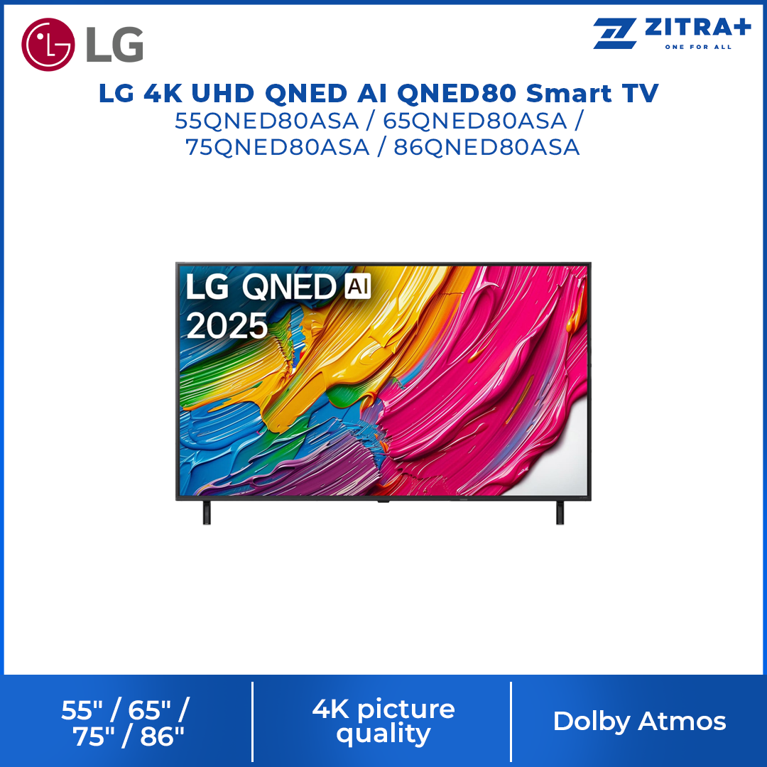 LG 55"/ 65"/ 75"/ 86" 4K UHD QNED AI QNED80 Smart TV QNED80ASA | QNED Color | alpha 7 4K AI Processor Gen8 | Dolby Atmos