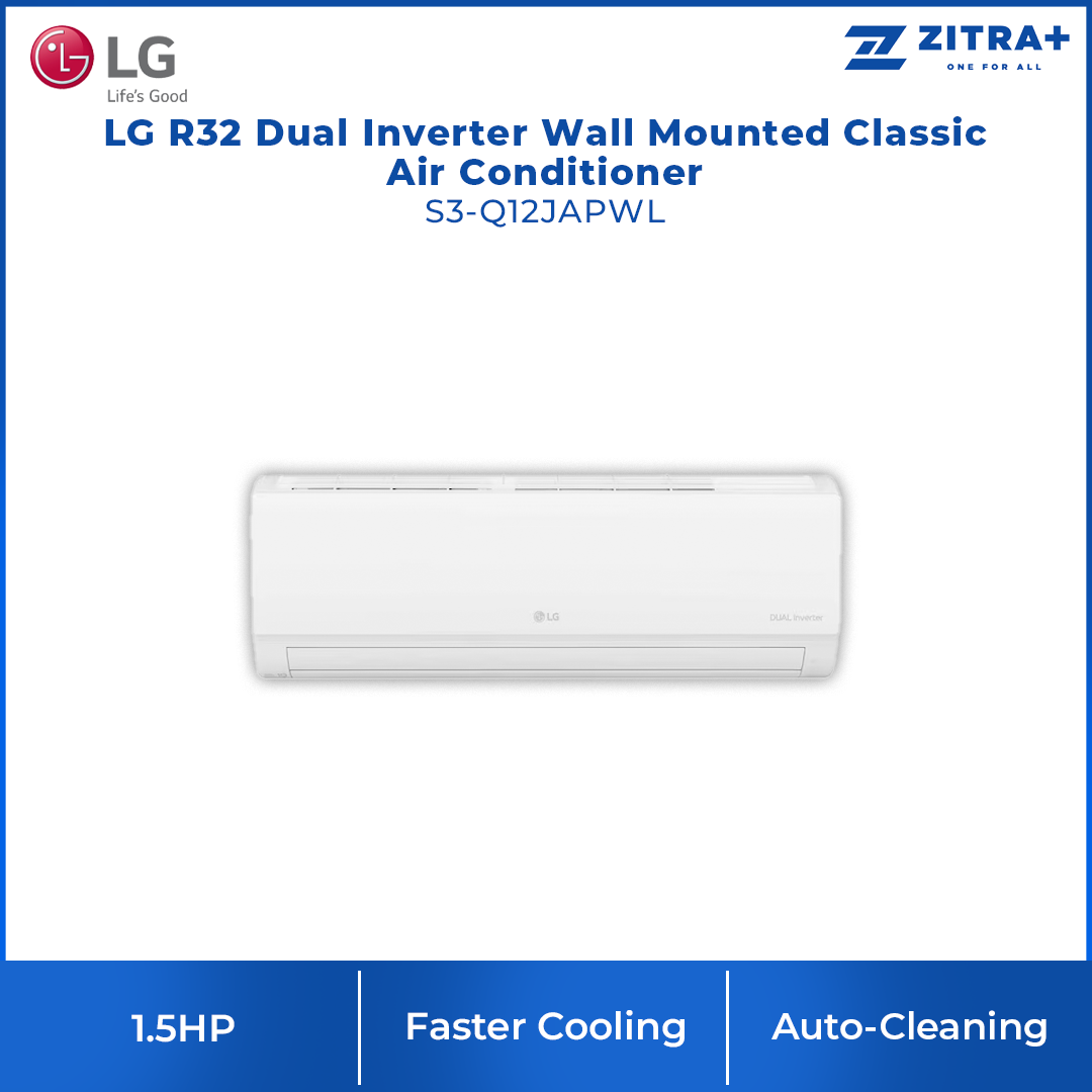 LG 1.0/1.5/2.0HP R32 Dual Inverter Wall Mounted Classic Air Conditioner S3-Q09WAPWL / S3-Q12JAPWL / S3-Q18JLPWL | Environment-Friendly Refrigerant | Safety Against Voltage Fluctuation | Faster Cooling | | Air Conditioner with 1 Year Warranty App