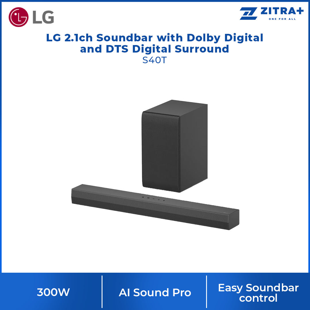 LG 300W 2.1ch Soundbar with Dolby Digital and DTS Digital Surround S40T | 2 channels this Dolby®¹ & DTS² | LG’s new crest design