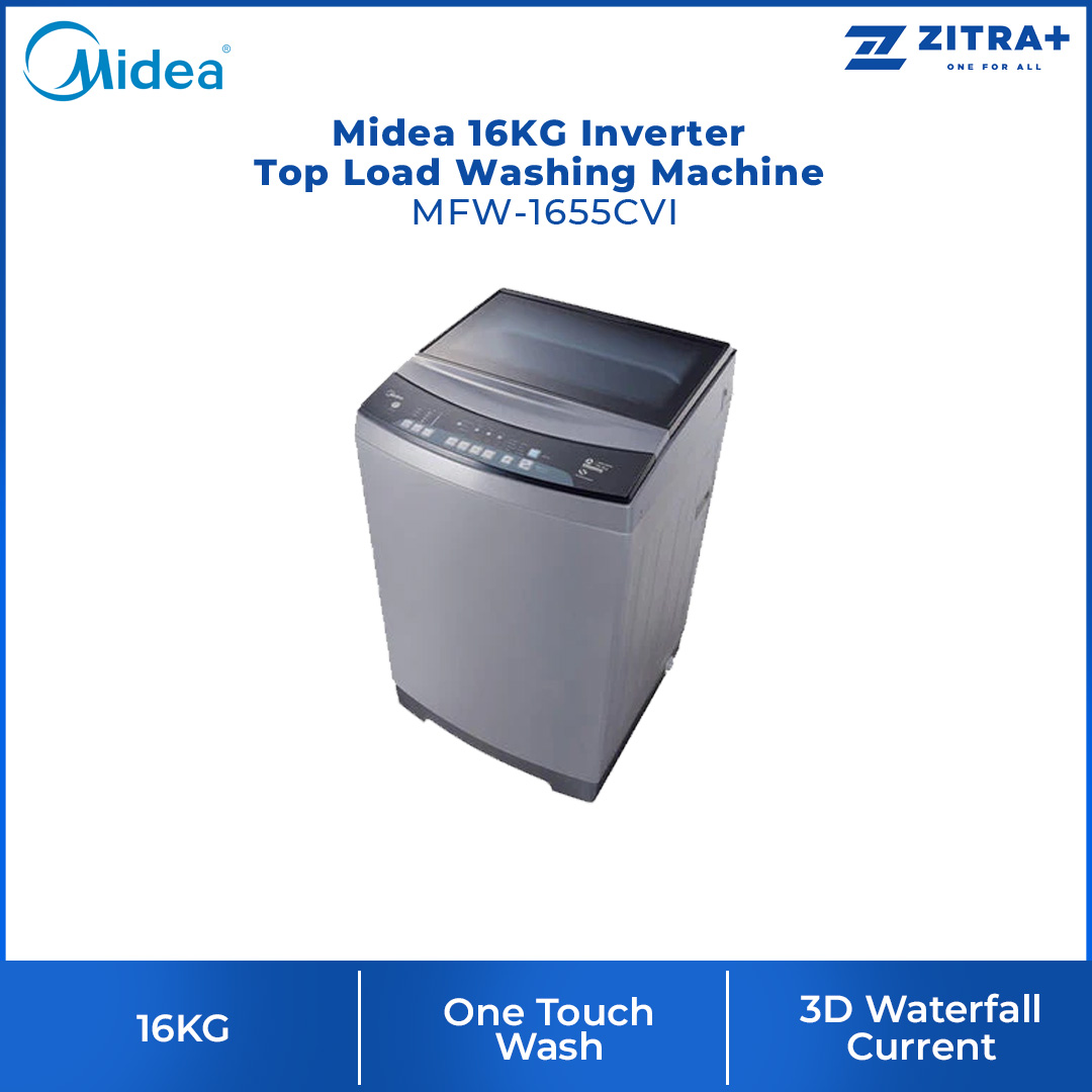 Midea 16KG Inverter Top Load Washing Machine MFW-1655CVI | 3D Waterfall Current | Soft Close Lid | One Touch Wash | Big Detergent Box | Washing Machine with 2 Years Warranty