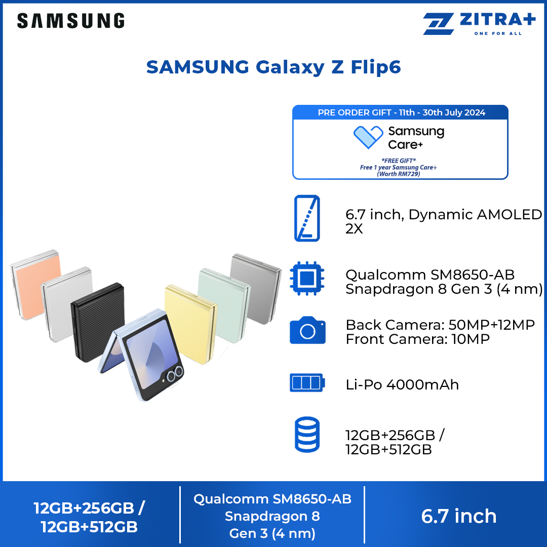 SAMSUNG Galaxy Z Flip6 | Qualcomm SM8650-AB Snapdragon 8 Gen 3 (4 nm) | Nano-SIM and eSIM | 5G