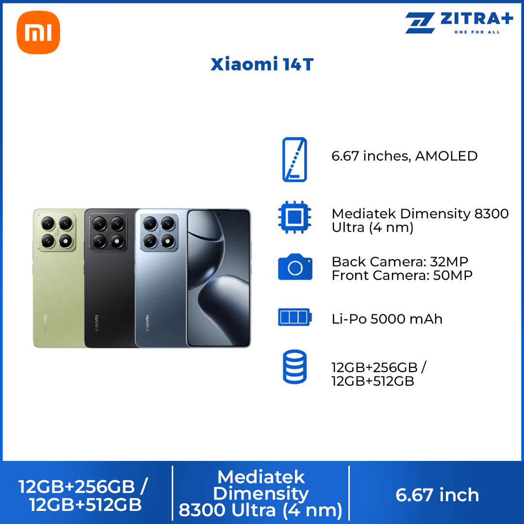 Xiaomi 14T 12GB + 256GB/512GB | 6.67", AMOLED | Mediatek Dimensity 8300 Ultra (4 nm) | 67W turbo charging