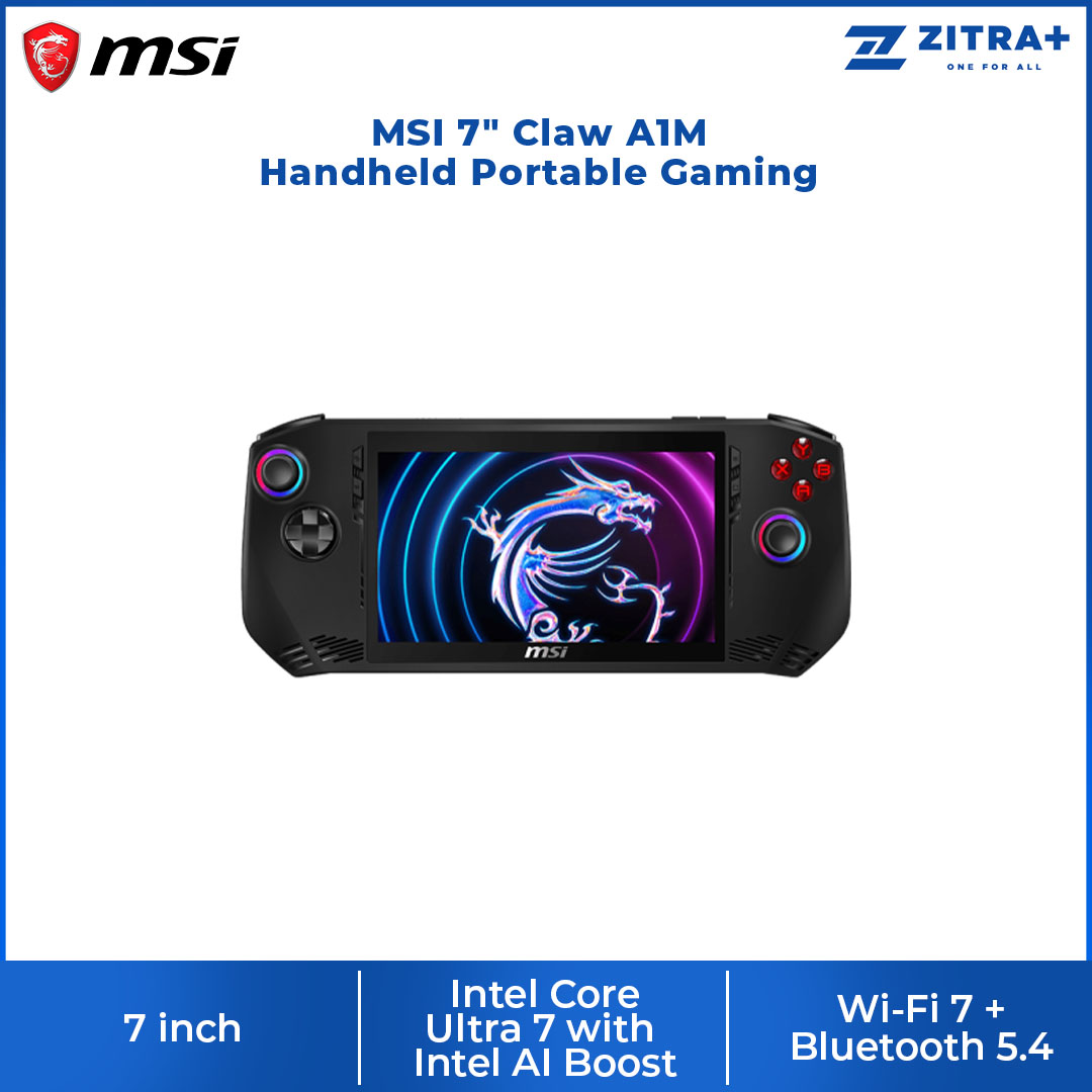 MSI 7" Claw A1M Handheld Portable Gaming | Windows 11 Home | 65W PD Adapter | Wi-Fi 7 + Bluetooth 5.4 | Up to Intel Core Ultra 7 Processor with Intel AI Boost (NPU) | Portable Gaming with 1 Year Warranty