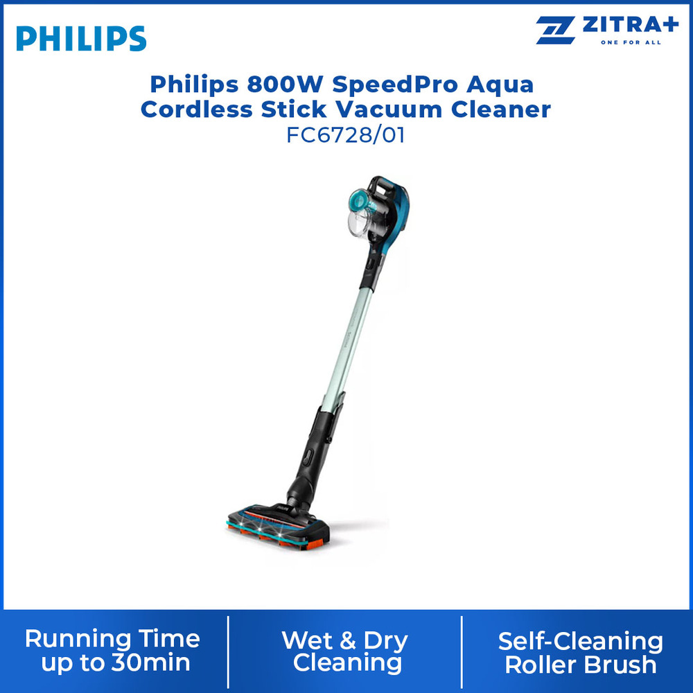 Philips 800W SpeedPro Aqua Cordless Stick Vacuum Cleaner FC6728/01 | 180° Suction Nozzle | Power Cyclone 7 | LED Nozzle | Aqua Boost | Up to 50 minutes Runtime | Vacuum Cleaner with 1 Year Warranty