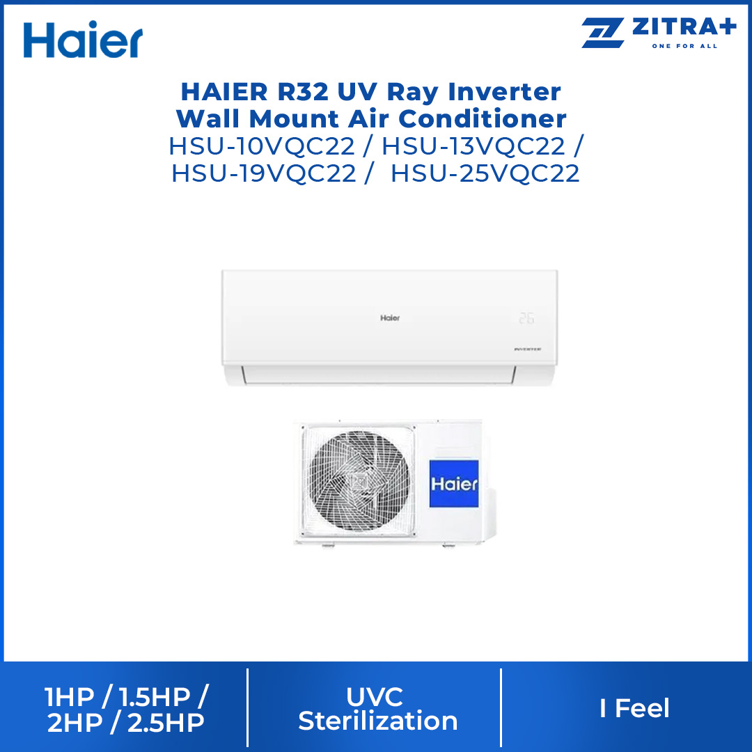 HAIER 1HP/1.5HP/2HP/2.5HP R32 UV Ray Inverter Wall Mount Air Conditioner HSU-10VQC22 |  UVC Sterilization | Triple Strong Airflow | Smart Clean | Energy Saving | I Feel | Air Conditioner with 3  Year Warranty