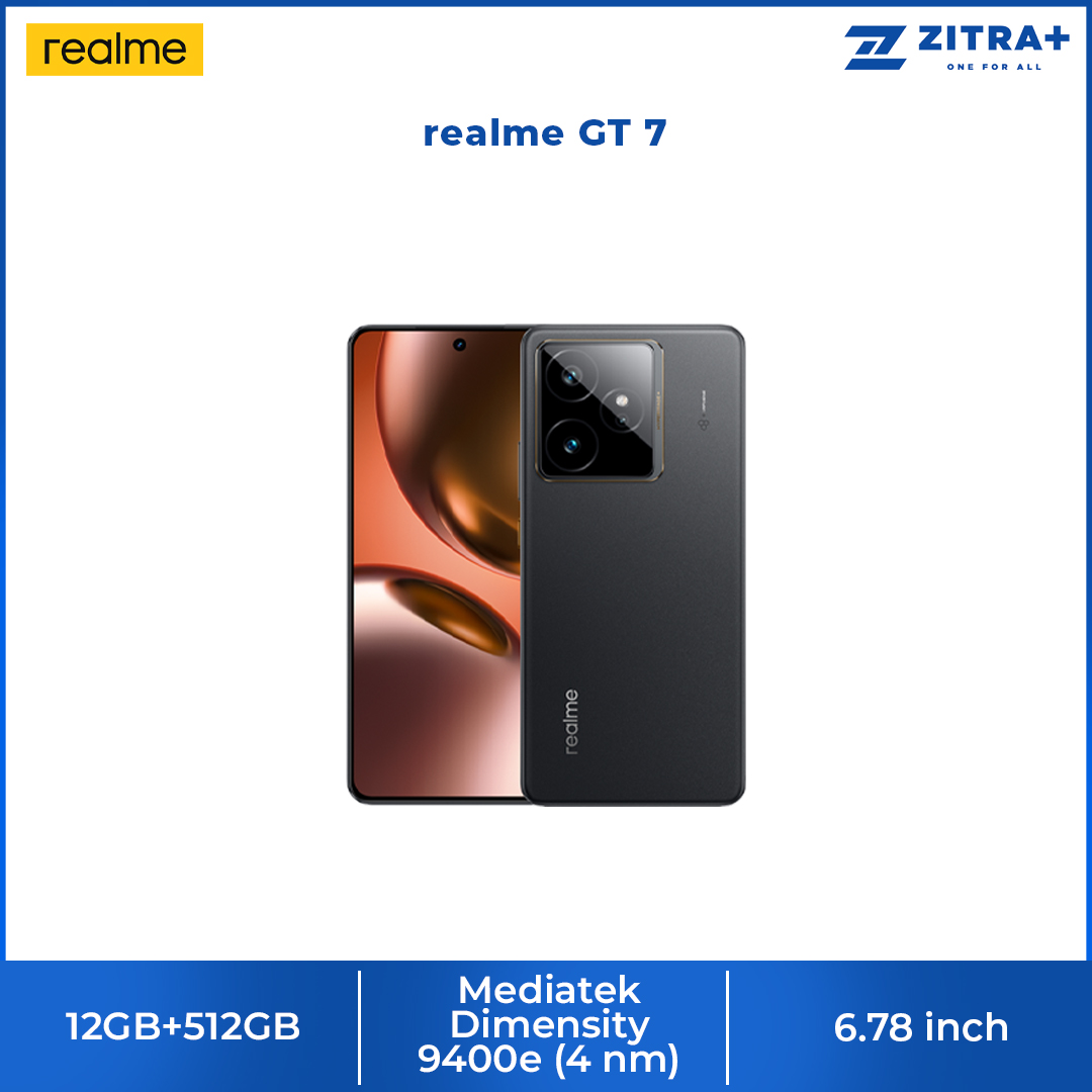 realme GT 7 12GB+512GB | 6.78 inches, LTPO AMOLED | 50MP Rear Camera | Mediatek Dimensity 9400e (4 nm) | 1264 x 2780 pixels | Li-Po 7000mAh, 120W wired