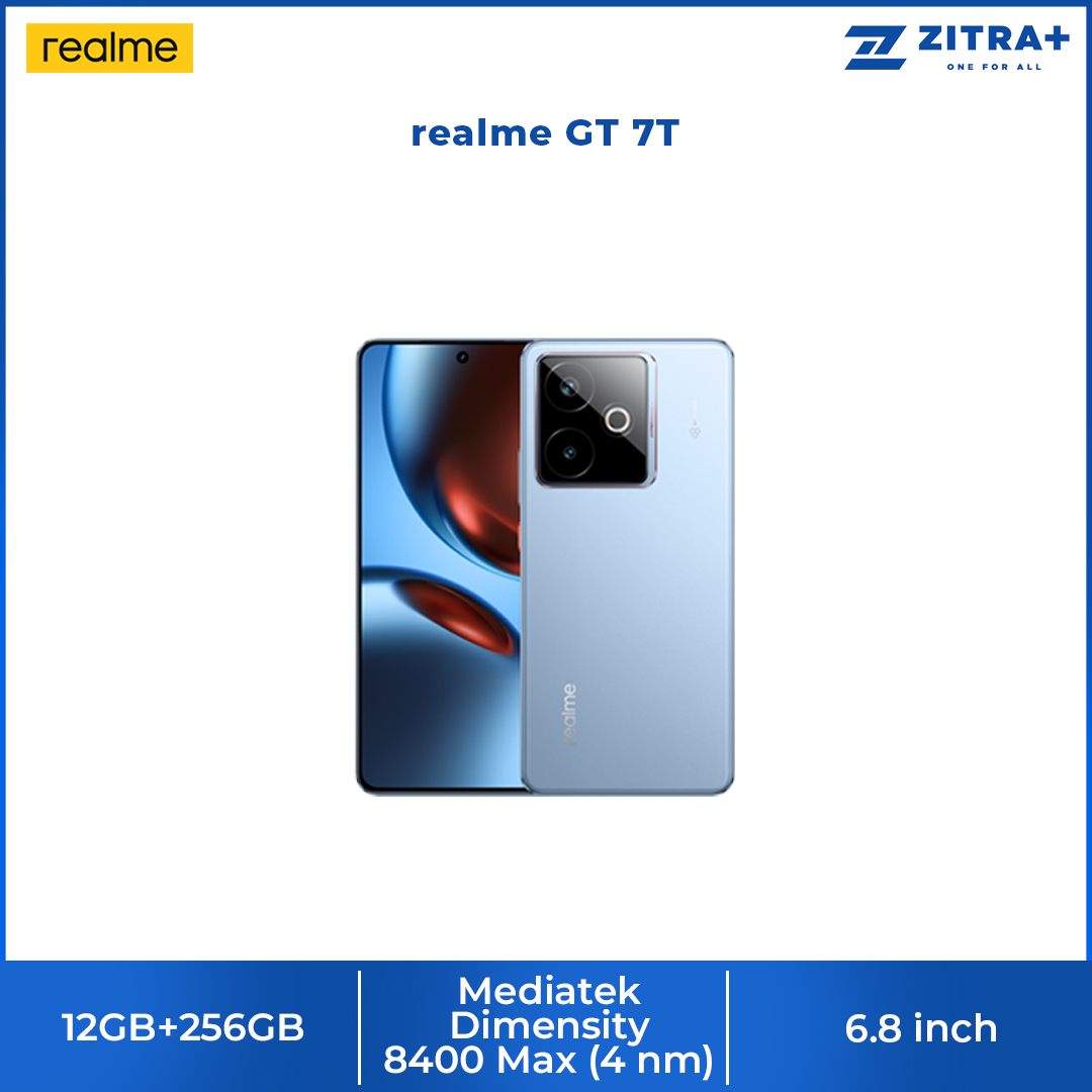realme GT 7T 12GB+256GB | 6.8 inches, AMOLED | 50MP Rear Camera | Mediatek Dimensity 8400 Max (4 nm) |  1280 x 2800 pixels | Li-Po 7000mAh, 120W wired