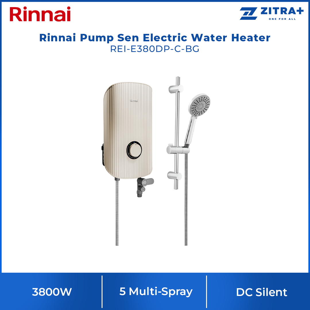 Rinnai 3800W DC Pump Sen Electric Water Heater REI-E380DP-B-WH/ REI-E380DP-BS-BK/ REI-E380DP-C-BG | 5 Multi-Spray, Anti-Twist Hose |1-Knob Control