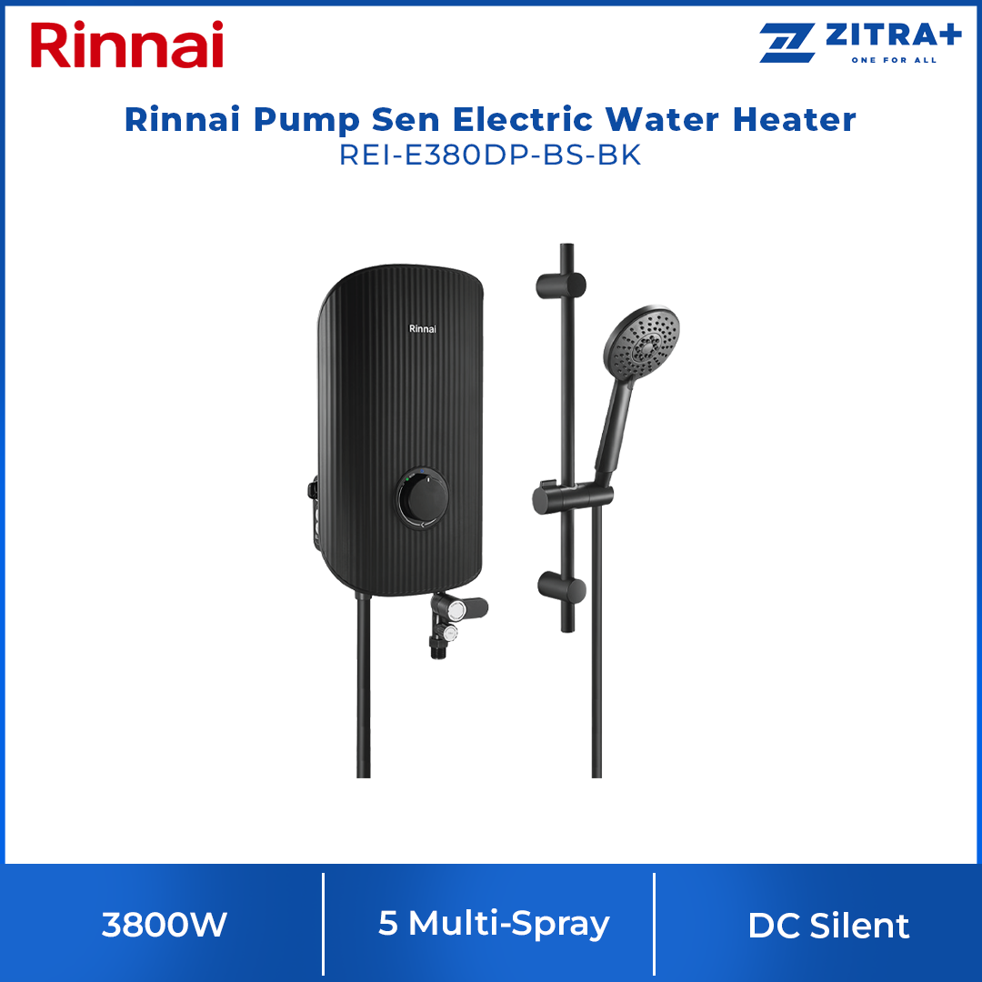 Rinnai 3800W DC Pump Sen Electric Water Heater REI-E380DP-B-WH/ REI-E380DP-BS-BK/ REI-E380DP-C-BG | 5 Multi-Spray, Anti-Twist Hose |1-Knob Control