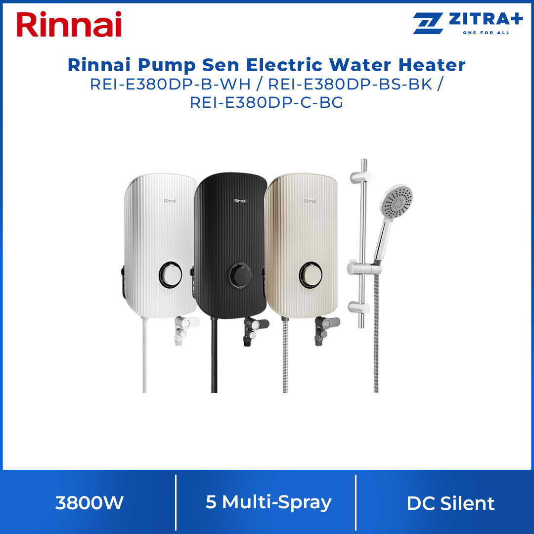Rinnai 3800W DC Pump Sen Electric Water Heater REI-E380DP-B-WH/ REI-E380DP-BS-BK/ REI-E380DP-C-BG | 5 Multi-Spray, Anti-Twist Hose |1-Knob Control