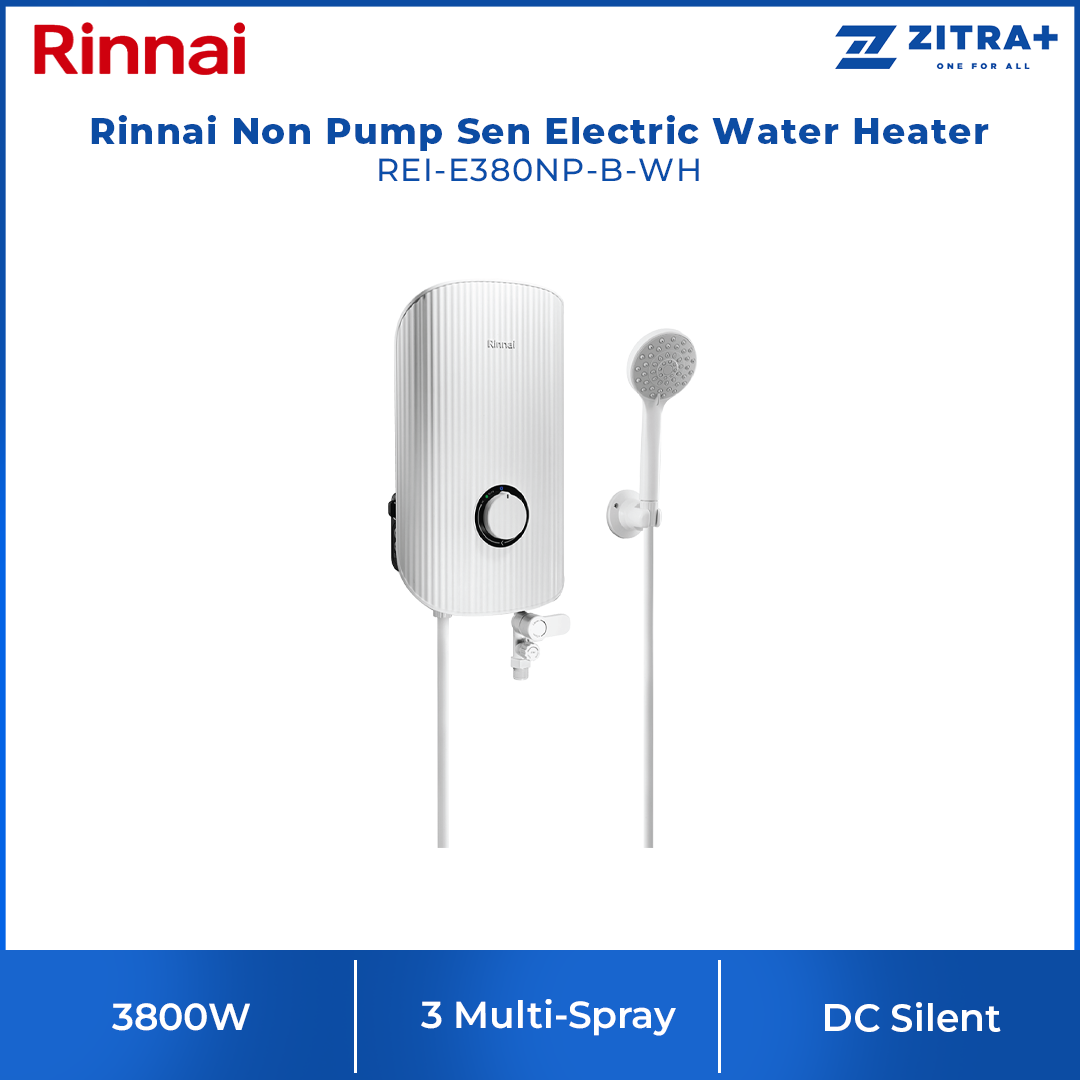 Rinnai 3800W Non Pump Sen Electric Water Heater REI-E380NP-B-WH/REI-E380NP-BS-BK/REI-E380NP-C-BG | 3 Multi-Spray | 1-Knob Control