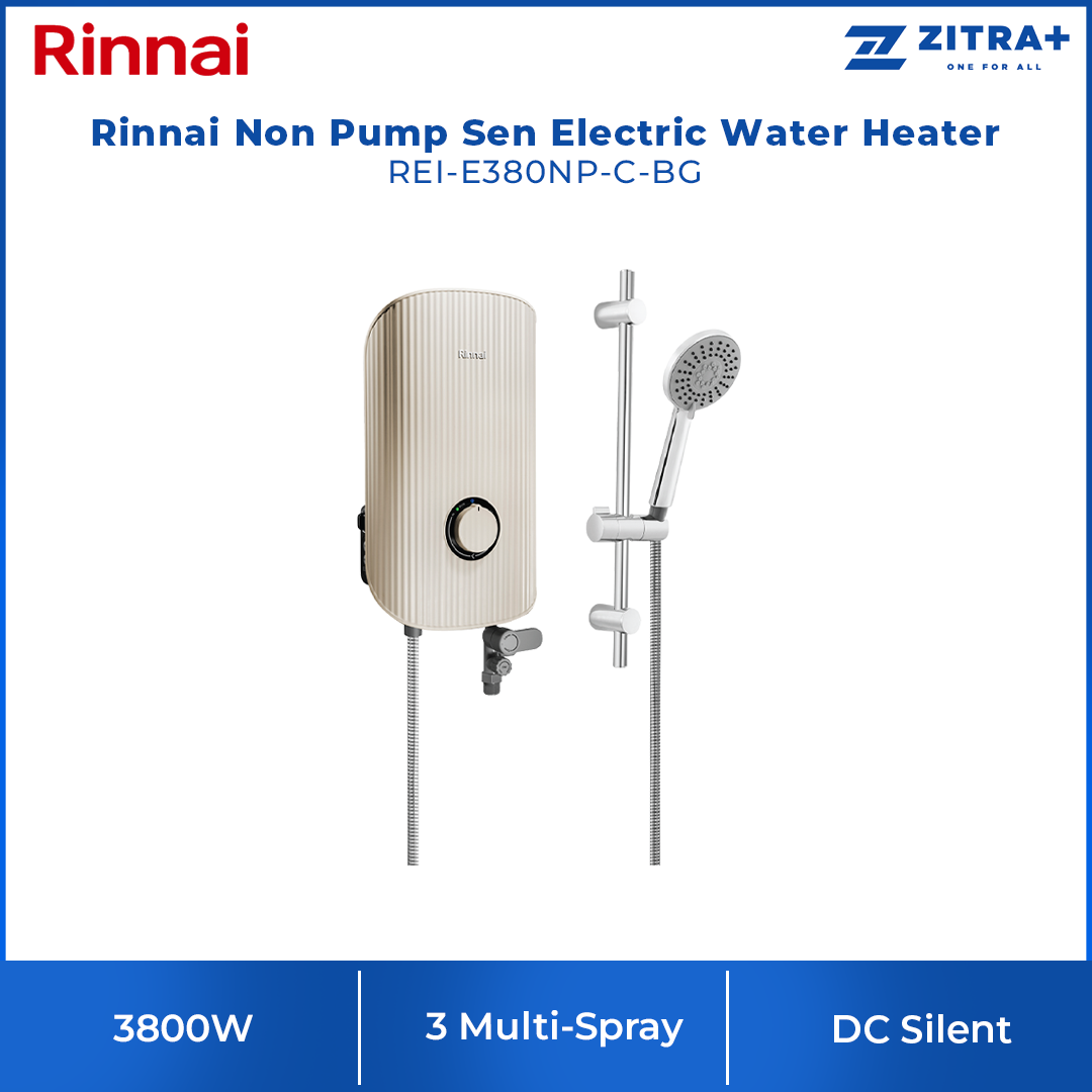Rinnai 3800W Non Pump Sen Electric Water Heater REI-E380NP-B-WH/REI-E380NP-BS-BK/REI-E380NP-C-BG | 3 Multi-Spray | 1-Knob Control