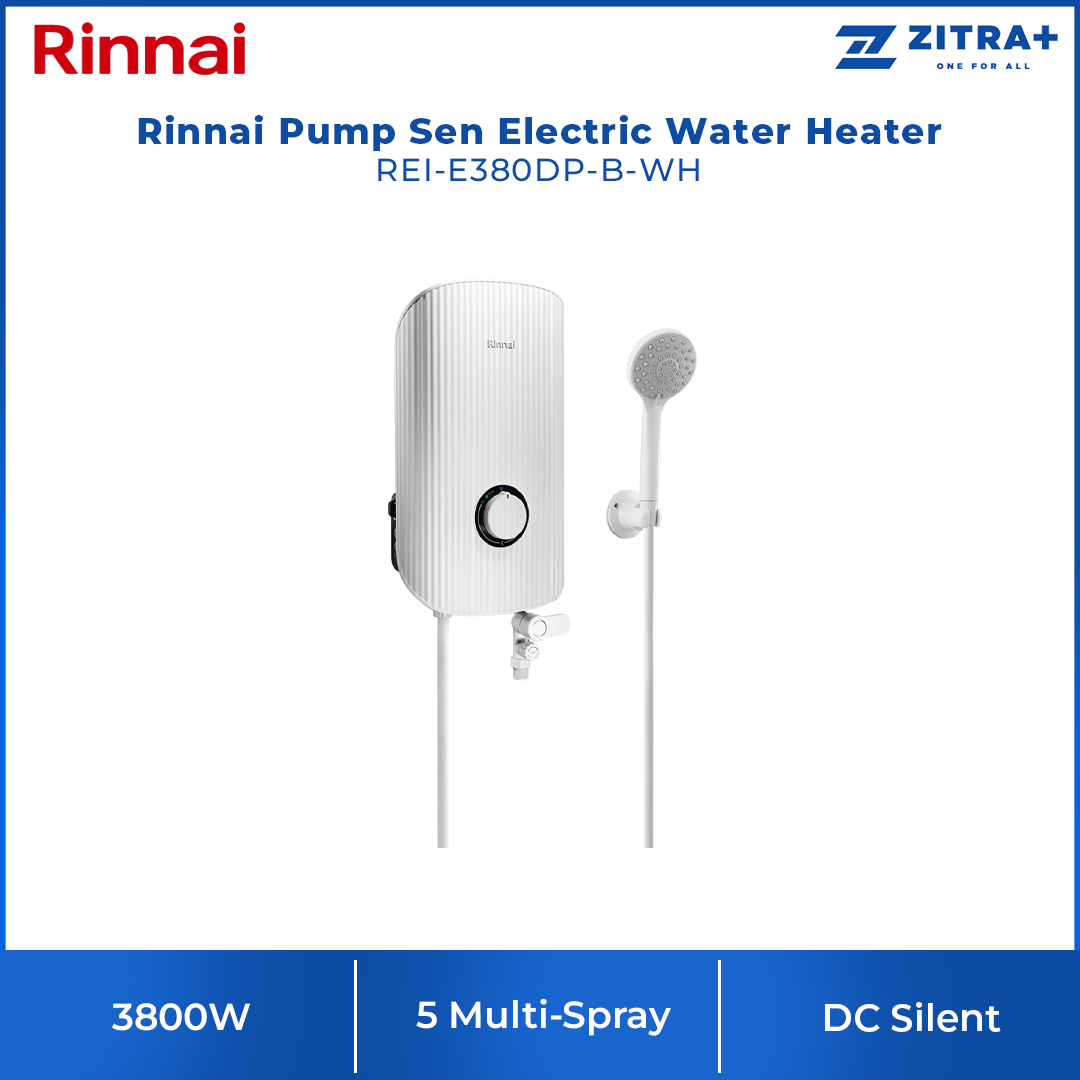 Rinnai 3800W DC Pump Sen Electric Water Heater REI-E380DP-B-WH/ REI-E380DP-BS-BK/ REI-E380DP-C-BG | 5 Multi-Spray, Anti-Twist Hose |1-Knob Control