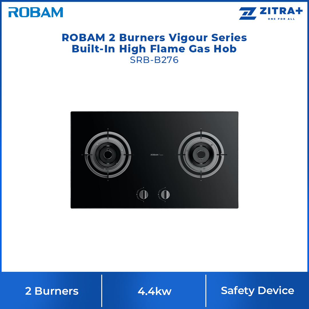 ROBAM 2 Burners Vigour Series Built-In High Flame Gas Hob Black SRB-B276 | With Safety Device | Cast Iron Stand | High Quality Tempered Glass
