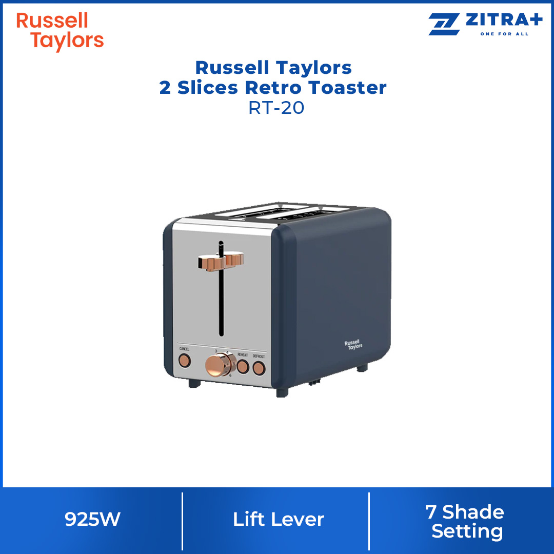 Russell Taylors 2 Slices Retro Toaster RT-20 | Stainless Steel | 6-Shade Setting | Smart Toasting Options | Toaster with 2 Year Warranty