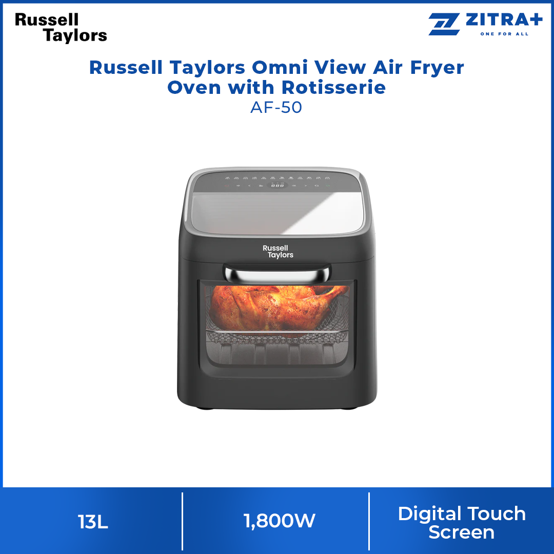 Russell Taylors 13L Omni View Air Fryer Oven with Rotisserie AF-50 | 1800W | Digital Touch Screen | 12 preset cooking programmes