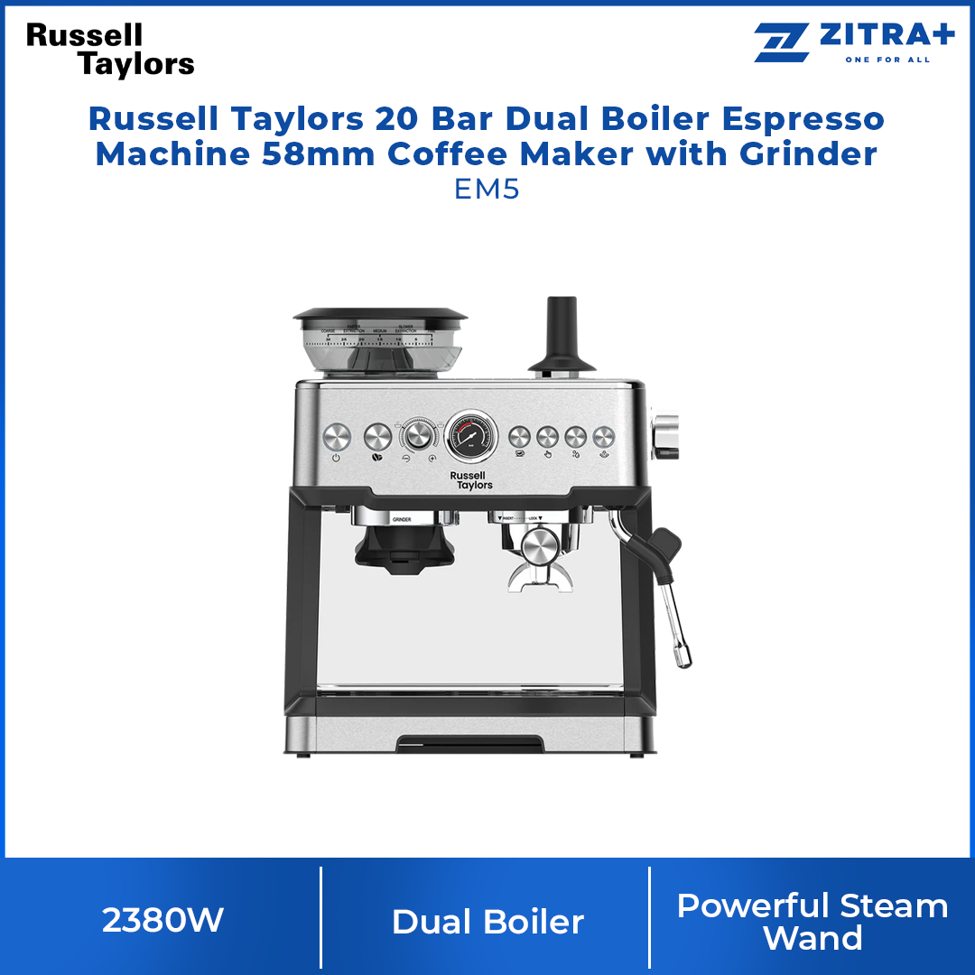 Russell Taylors 2380W 20 Bar Dual Boiler Espresso Machine 58mm Coffee Maker with Grinder EM5 | 200g Coffee Grinder | Dual Boiler | Powerful Steam